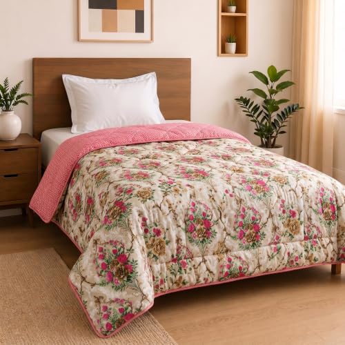 Image of Mafatlal 120 GSM Ultra Microfiber Reversible Comforter, AC Blanket for All Seasons, Lightweight Quilt /Duvet for Single Bed (90 x 60 Inches) | Beige Pink