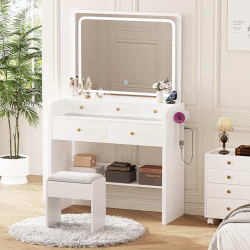 Image of JanflyHome Makeup Vanity Desk Set with LED Lighted Mirror Glass Top Dressing Table & Stool, 5 Storage Drawers, Power Outlet, Hair Rack Stepless Dimmable Lights (3 Color Modes), White