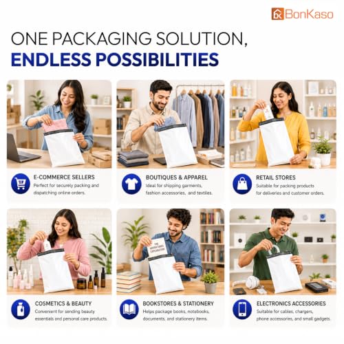 Image of BonKaso Poly Courier Bags 8x10 Inches with POD Sleeve | 55 Micron Tamper Proof & Waterproof Plastic Packaging Envelopes for Shipping, Delivery & E-commerce Use - Pack of 200