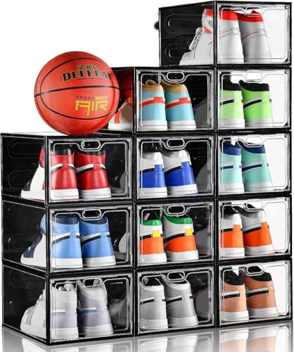 Image of INSTY 12 Pack Large Shoe Storage Box, Clear Shoe Storage Organizer with Magnetic Door, Stackable,Shoe Containers For Display Sneakers, Easy Assembly, Fit up to US Size 12, Transparent