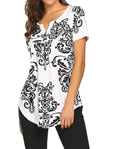 Halife Floral Blouses For Women Short Sleeve Summer Shirts Casual Henley V Neck Pleated Tunic Tops Loose Fit Black M #TOP3