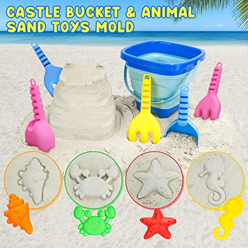 Dreamon Beach Toys For Kids 3-10, Collapsible Sand Castle Toys For Beach Include 3 Pack Foldable Buckets, Shovels Molds And Storage Mash Bag, Sandbox Travel Toys For Toddlers Kids #TOP3