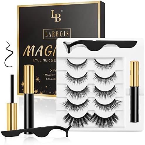 Larbois Magnetic Eyelashes 5 Pairs, Magnetic Eyelashes with Eyeliner Kit Easy to Wear, Comfortable ＆ Reusable False Lashes From Natural to Gorgeous Styles No Glue Needed
