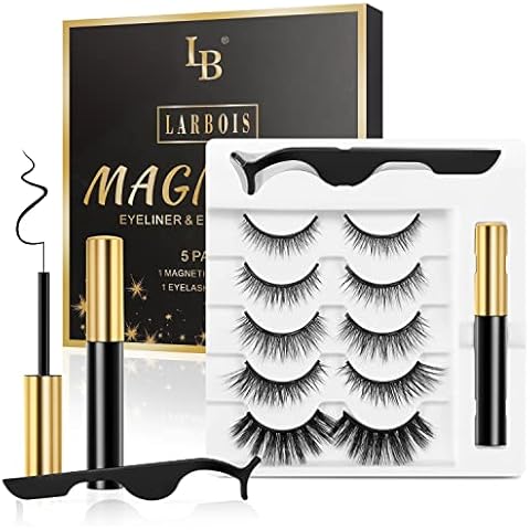 Magnetic Eyelashs Natural Look, Larbois 5 Paires Magnetic Eyelashes with Eyeliner Kit, Self Adhesive&Reusable Fluffy Fake Eyelashes Set and Waterproof&Long Lasting Magnetic Eyeliner, No Glue Needed Cover