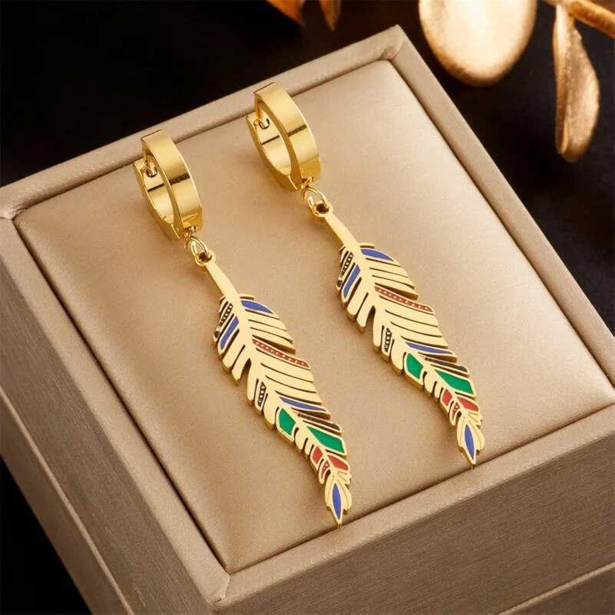 Bohemian Feather Hoop Earrings, Boho Tassel Earrings(Gold)