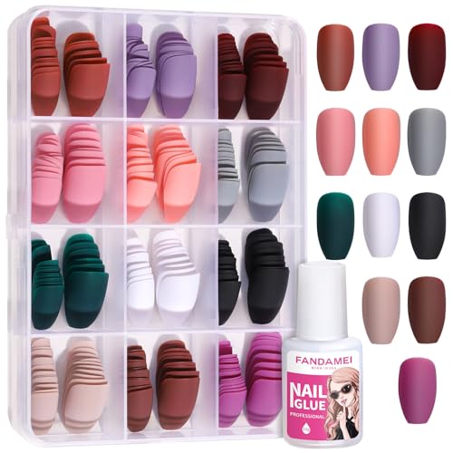 12 Packs (288PCS) Matte Press on Nails Medium Length, FANDAMEI Acrylic Short Fake Nails Full Cover, Ballerina Coffin Press on Nails