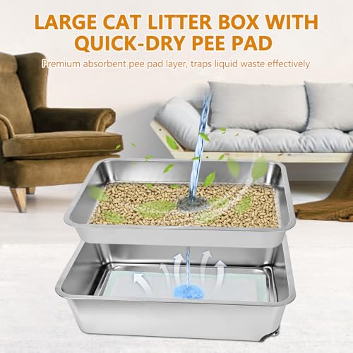 23.5''x15.7''x8'' Edelstahl-Wurfkiste, XXL ausziehbare, siebende Wurfkiste für Kiefernpellets, Hochseiten-Metall-Wurfkastensystem für Großkatzen mit Plastikschaufel &10 Urinpads (20CM)