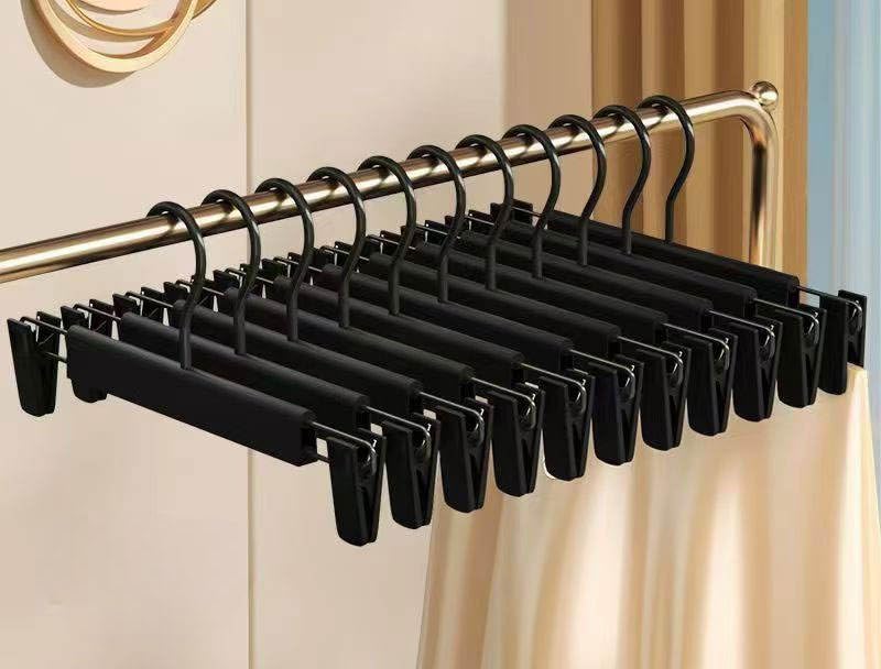 Image of Adjustable Clip Hangers for Pants & Skirts, Heavy Duty Anti-Slip Strong Grip Clips, Space Saving Closet Organizer, Durable Plastic & Metal Hanger Set for Wardrobe ((Black, Pack of - 10))