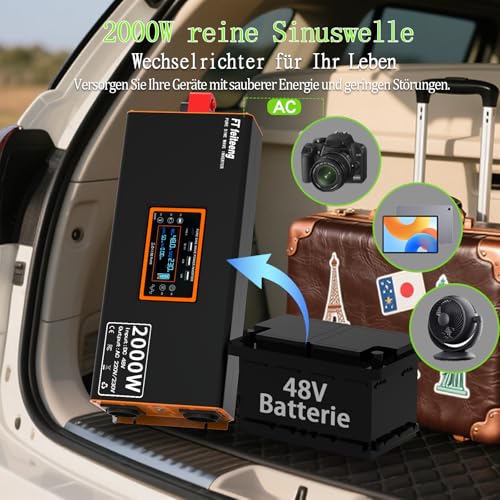 48V 2000W Wechselrichter 48V auf 230V Reine Sinuswelle -Spannungswandler mit LCD Display 2 EU-Steckdosen und 4 USB Typ-C Port、Konverter Fernbedienung für Wohnmobil AutoCamping