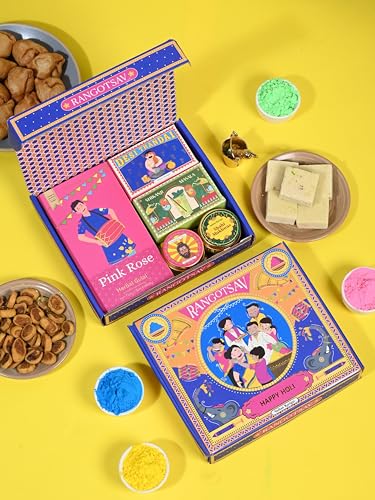 Image of Indian Karigar Rangotsav Box 2026 | 9 Inclusions | Holi Gulal for Holi Colour 80g | Thandai Powder + Shikanji Powder + Mukhwas & More | Organic Skin Safe Holi Colors With Certificate & Greeting Card | Herbal Gulal Holi Gift Hampers (Rangotsav Holi Gifts)
