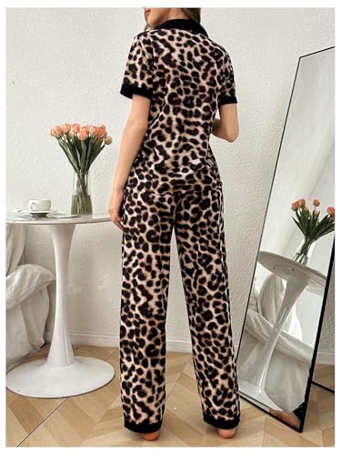 Women's 2 Piece Leopard Pajama Sets Button Down Shirts and Pants Set Cheetah Pj Set Loungewear2