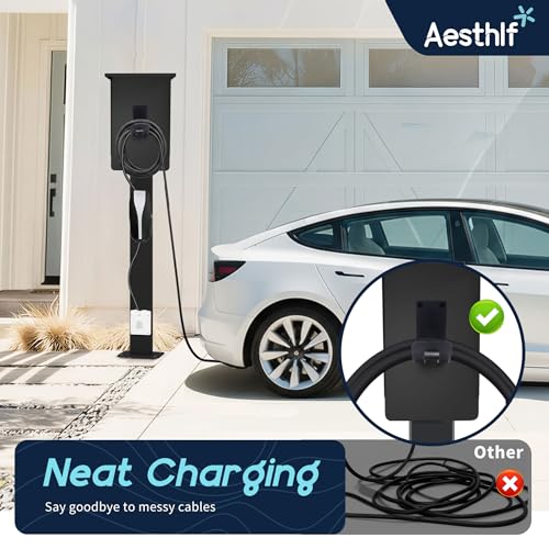 Image of Outdoor EV Charger Pedestal for Tesla & J1772 Charger with Roof | Heavy-Duty Rugged Stand, Anti-wobble Stable Base, Anti-Rust Finish, Handy Organizer Keeps Cable Tidy, Rain & Leaf Protection