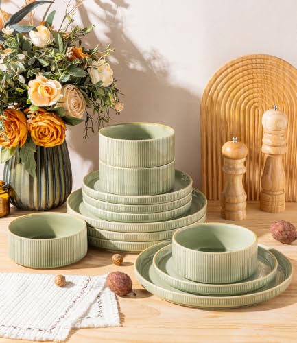 Image of Ceramic Dinnerware Set for 4, 12-Piece Plates and Bowls Set | Lightweight Porcelain Dish Set, Scratch Resistant, Oven & Microwave & Dishwasher Safe, Duck Egg Green