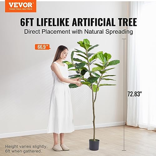 Image of VEVOR Artificial Fiddle Leaf Fig Tree 6 FT, Secure PE Material & Anti-Tip Tilt Protection Low-Maintenance Faux Plant, Lifelike Green Fake Potted Tree for Home Office Warehouse Decor Indoor Outdoor