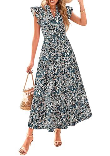 Image of PRETTYGARDEN Women's 2026 Summer Floral Midi Dress Cap Sleeve V Neck Ruffle Long Flowy Boho Casual Beach Vacation Dresses