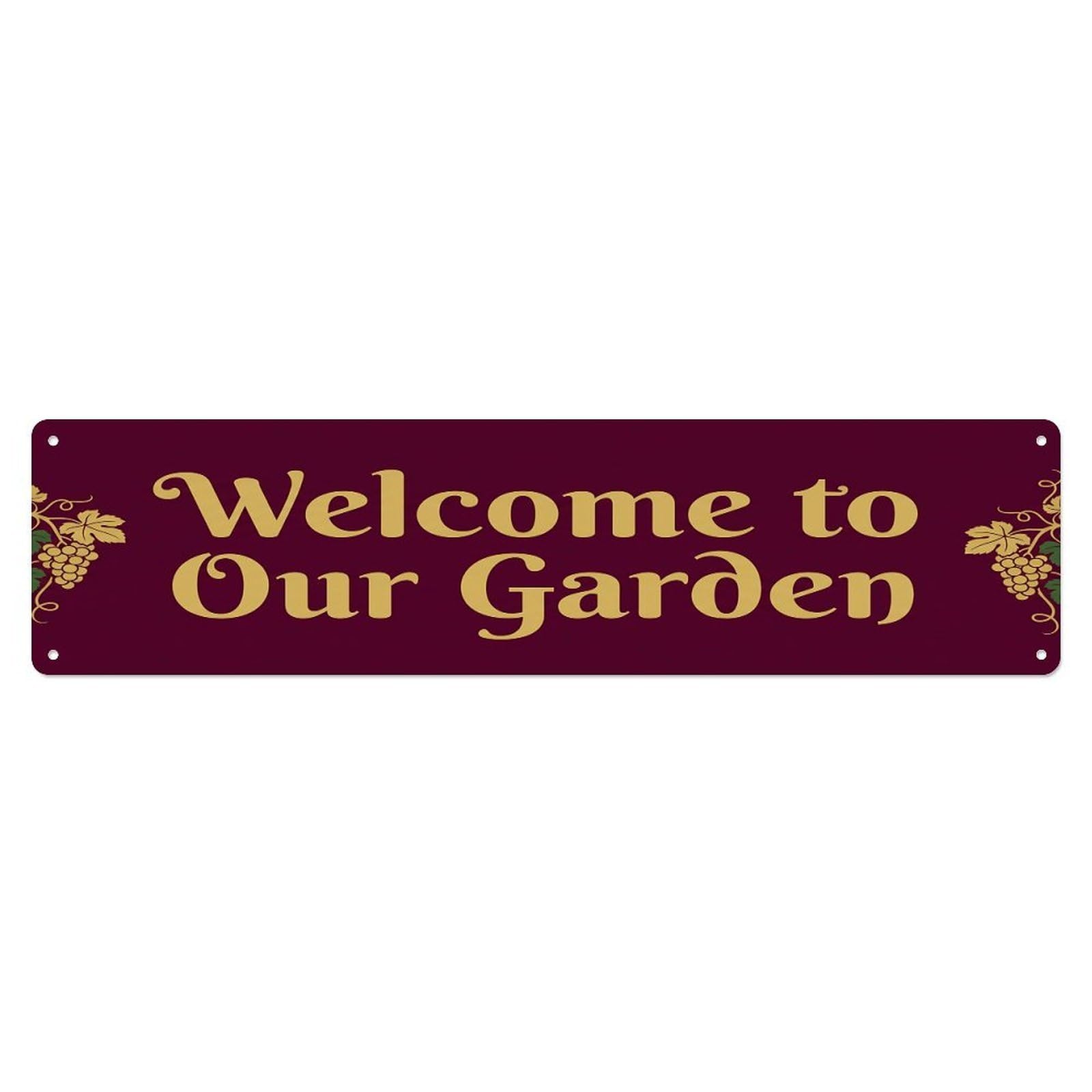 Vintage Welcome to Our Garden Burgundy Metal Tin Sign
