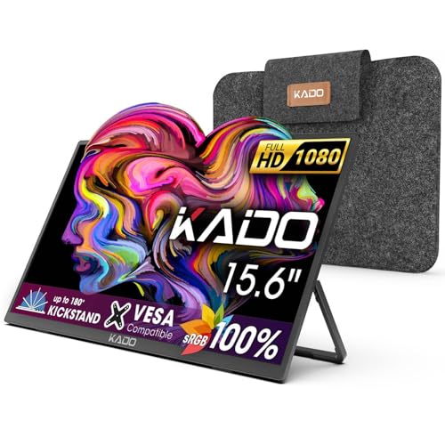 Kado 15,6 pulgadas FHD 1080p, pantalla portátil 100% sRGB ultrafina para portátil 1920 x 1080, pantalla IPS de 180° con soporte protector para PC, Mac, teléfono, Xbox, PS5, USB-C y conexión