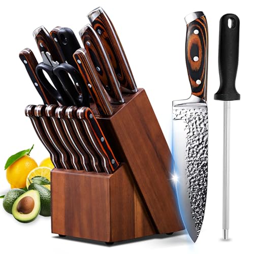 HUIKAILI Messerblock Set, 15-teiliges Messerset mit Holzblock, selbstschärfend für Kochmesserset, Messerset aus gehämmertem Edelstahl mit hohem Kohlenstoffgehalt mit Steakmessern (Braun)