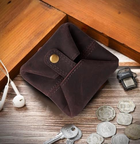 Image of Contacts Handcrafted Leather Coin Pouch - Compact Change Holder & Mini Wallet for Men & Women - Brown