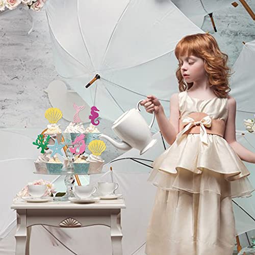 24 Pcs Glitter Mermaid Cupcake Toppers With Seahorse Shell Mermaid Tail Star Seaweed Baby Shower Cupcake Picks For Under The Sea Marine Life Theme Kids Birthday Party Cake Decorations #TOP2