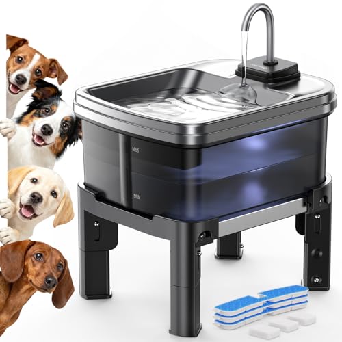 FEELNEEDY 9L Fuente para Perros con Soporte Ajustable en 3 Alturas, Bebedero Perro con 3 Filtros, Filtración de Cuatro Capas, Bandeja de Acero Inoxidable para Mascotas Grandes