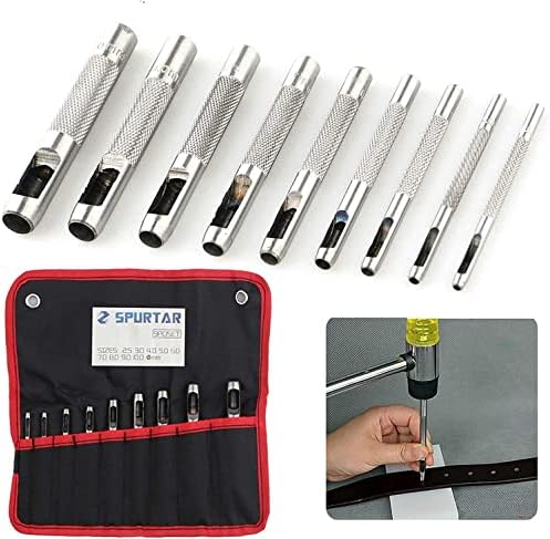 Spurtar 9 Pcs Steel Hollow Punch Set 2.5-10mm Heavy Duty Round Leather Hole Punching Tool for Watch Cloth Belt Gaskets w/Storage Bag