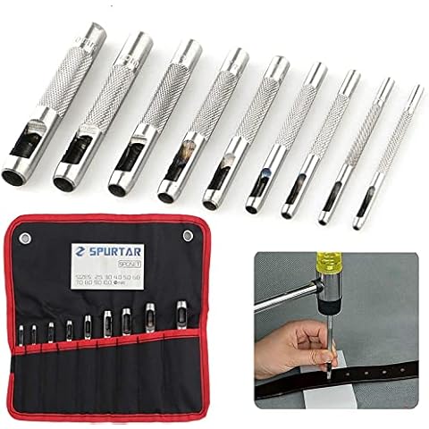 Spurtar 9 Pcs Steel Hollow Punch Set 2.5-10mm Heavy Duty Round Leather Hole Punching Tool for Watch Cloth Belt Gaskets w/Storage Bag Cover
