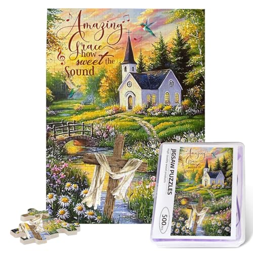 Christian Puzzles for Adults 500 Pieces Amazing Grace Cross Jigsaw Puzzle Christian Bible Religious Puzzles Beautiful Cottage Picture for Home Church Decor Christian Gifts