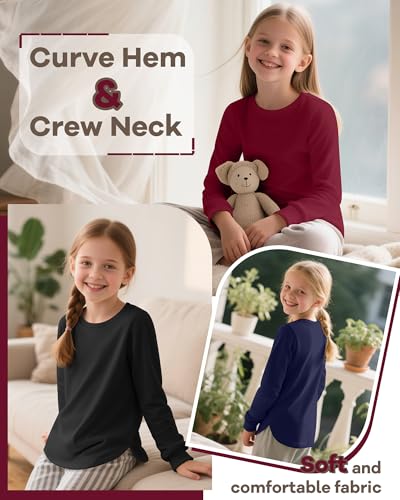 3 Pack Girls Long Sleeve T Shirts, Kids Crew Neck Casual Shirts Curve Hem Soft Tees Loose Fit Basic Tunic Tops4