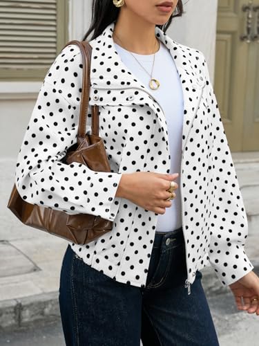 Image of Tankaneo Womens Zip Up Cropped Jackets Polka Dot Oversized Jackets Spring Lightweight Trendy Casual Coats