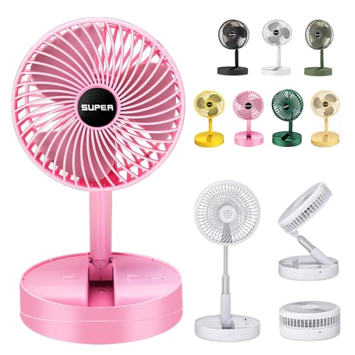 Telescopic Folding Fan - 2024 New Portable USB Rechargeable Collapsible Desk Fan for Travel, Silent Stand up Fan Wireless Folding Oscillating Compact Floor Standing Fans for Dorm ＆ Bedroom (PINK)