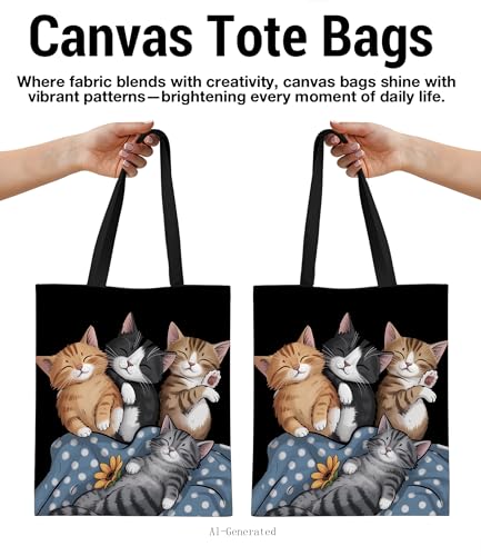 Image of Cute Cat Canvas Tote Bag for Women， Aesthetic Reusable Shoulder Bag for Shopping Travel Work