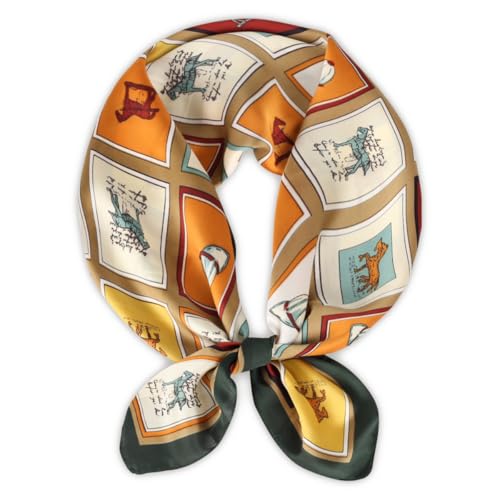 EXTREE Fashion Silky Satin Headscarf for Women Girls: Exquisite Pattern Lightweight Silk Graceful Scarfs 27.5 x 27.5 inches Horse Checkered Dark Green Frame