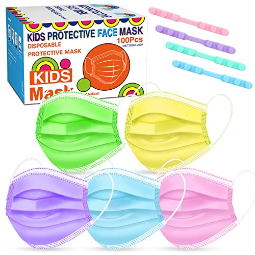 Kids Disposable Face Masks 100 Pack, 3-Layer Safety Masks Colorful Childrens Disposable Face Mask Girls & Boys #TOP2