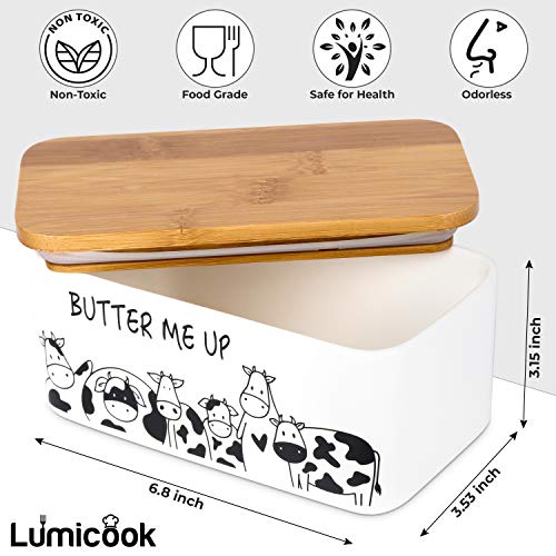 Lumicook Porcelain Butter Dish With Lid, Natural Bamboo Lid, Seal Included For Airtight Butter Dish, Butter Holder Easily Fits 2 Sticks Of Butter (White) #TOP2