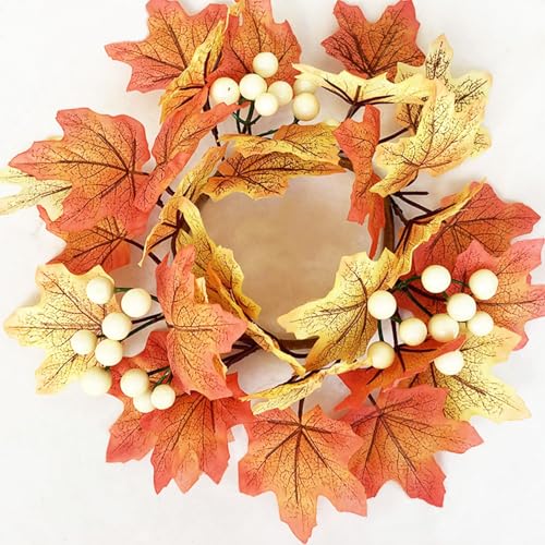 1pcs 9.8 Candle Rings Artificial Flower Wreath Autumn Harvest Maple Leaf with Ginkgo Fall Thanksgiving Table Centerpiece Front Door Harvest Festival Home Decor