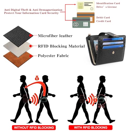 GOIACII Small Wallet for Women Slim RFID Blocking Credit Card Holder Bifold Leather Wallets with Zipper Coin Pocket Black3