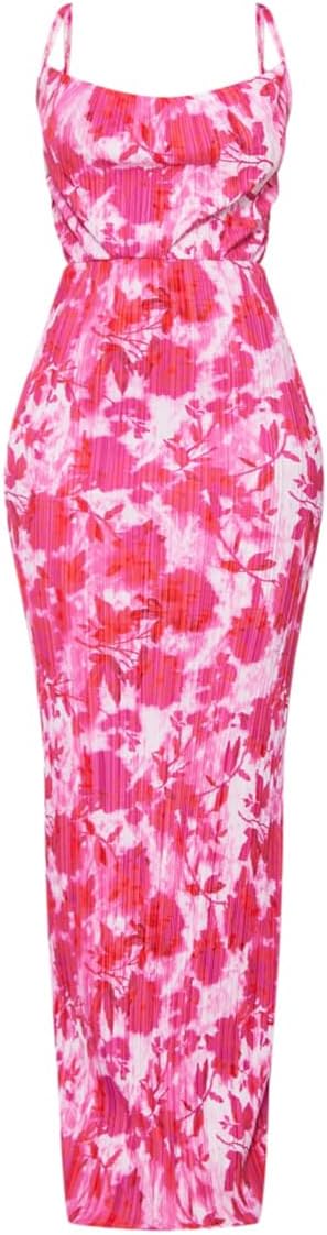 VECVOC Summer Floral Dress Sexy Strap Shoulder Pleated Maxi Dresses A Line Wedding Guest Dresses for Women