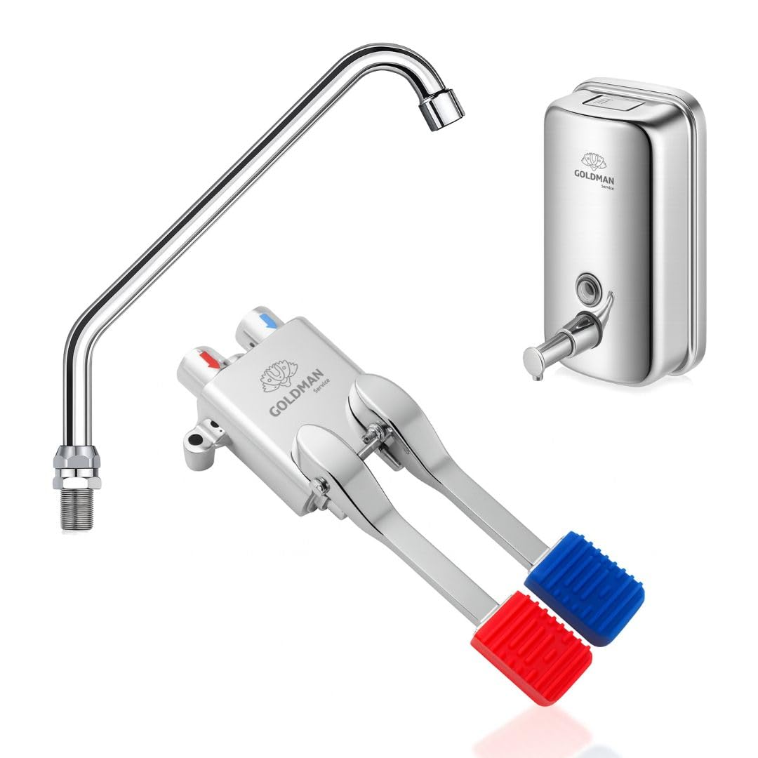 GOLDMAN SERVICE | Kit Hostelería Profesional: Grifo Pedal + Caño Alto giratorio 360º + Dispensador INOX 1000 ml