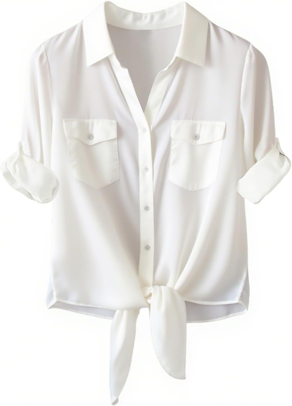 SRHJOPNFR Womens Tie Front Button Down Shirt Casual 3/4 Roll Up Sleeve Collared Work Blouse with Pockets