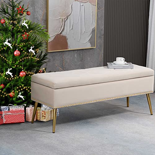 Mojay Modern Velvet Storage Ottoman Bench, Upholstered Footrest With Rivet Decoration Table Dining Stool With Golden Legs For Entryway Dining Room Living Room Bedroom (Tan) #TOP1