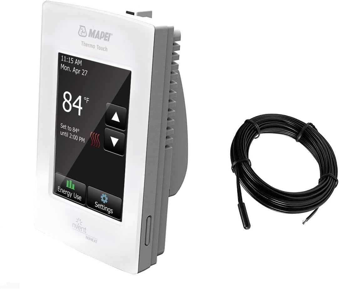 Mapei 2855201 Programmable Touchscreen Thermostat for Home, for Radiant Heated Floors, 120V/240V Cables with an Extra OJ Electronics Floor Temperature Sensor and Built-in GFCI for Bathroom and Kitchen