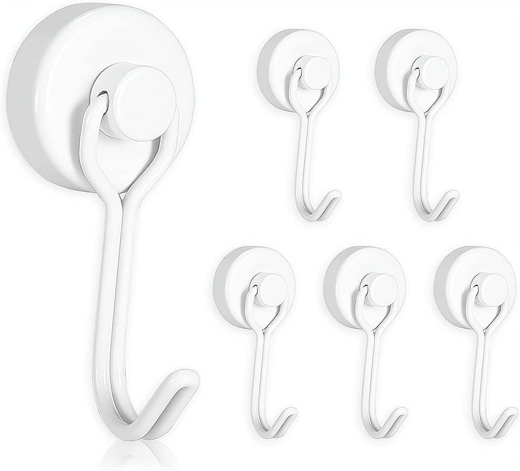 Magnetic Hooks, Heavy Duty Strong Neodymium Magnet Hook 30 Lbs with Rust Proof for Indoor Outdoor Hanging, Refrigerator, Grill, Kitchen, Key Holder, Locker, Classroom, White, Pack of 6
