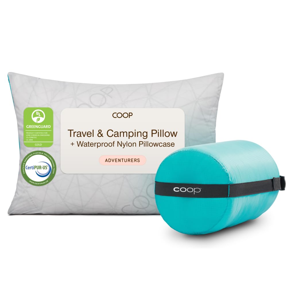 Coop Sleep Goods Coop Home Goods Original Adjustable Travel Pillow and Waterproof Pillow Protector Grey Bundle with Compressible Stuff Sack, Medium-Firm Memory Foam and Washable Cover, CertiPUR-US Certified (19x13)