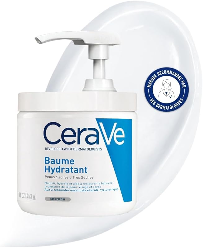 CeraVe - Baume Hydratant Corps et Visage - Peau Sèche, Très Sèche et Atopique - 48H d'Hydratation - Acide Hyaluronique + 3 Céramides - Texture Riche, Non Collante - Sans Parfum, Non Comédogène
