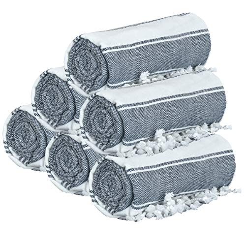 GLAMBURG Peshtemal Turkish Beach Towel Cotton Oversized 36x71 Set of 6 for Adults, Soft Durable Absorbent Extra Large Hammam Bath Sheet - Navy Blue