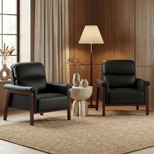 Image of STHOUYN Oversized Leather Accent Chair, Mid Century Modern Office Arm Chair with Solid Wood Legs & High Backrest, Comfy Upholstered Side Sofa Chair for Living Room, Waiting Room, Bedroom (2, Black)