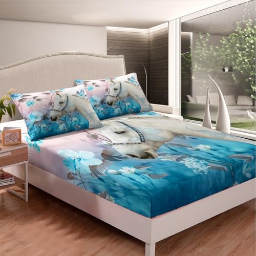 Image of White Horse Animal Bed Sheet Set 4 Piece,Fantasy Butterfly Wildlife Sheets Full Size Bed Set,Blue Flowers Rustic Bedding Set with Flat,Fitted Sheet,2 Pillow Cases