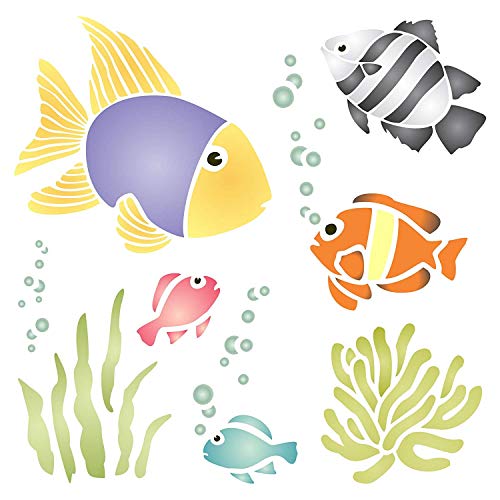 Tropical Fish Stencil, 8.5 X 8.5 Inch (L) - Mix Media Layering Fish Stencils For Painting Template #TOP23