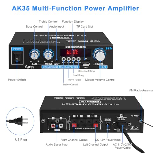 Image of Bluetooth Stereo Audio Amplifier Home: AK35 Wireless Digital Power Amplifier RMS 30W Max 200W 2.0 Channel BT Audio Amplifier Receiver for Home Speakers System(US Plug)